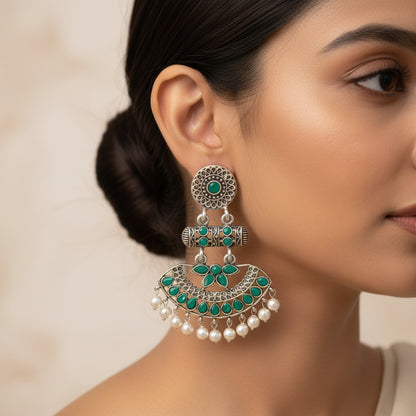 Pearl Cacade stone studded dangler earrings (Green)