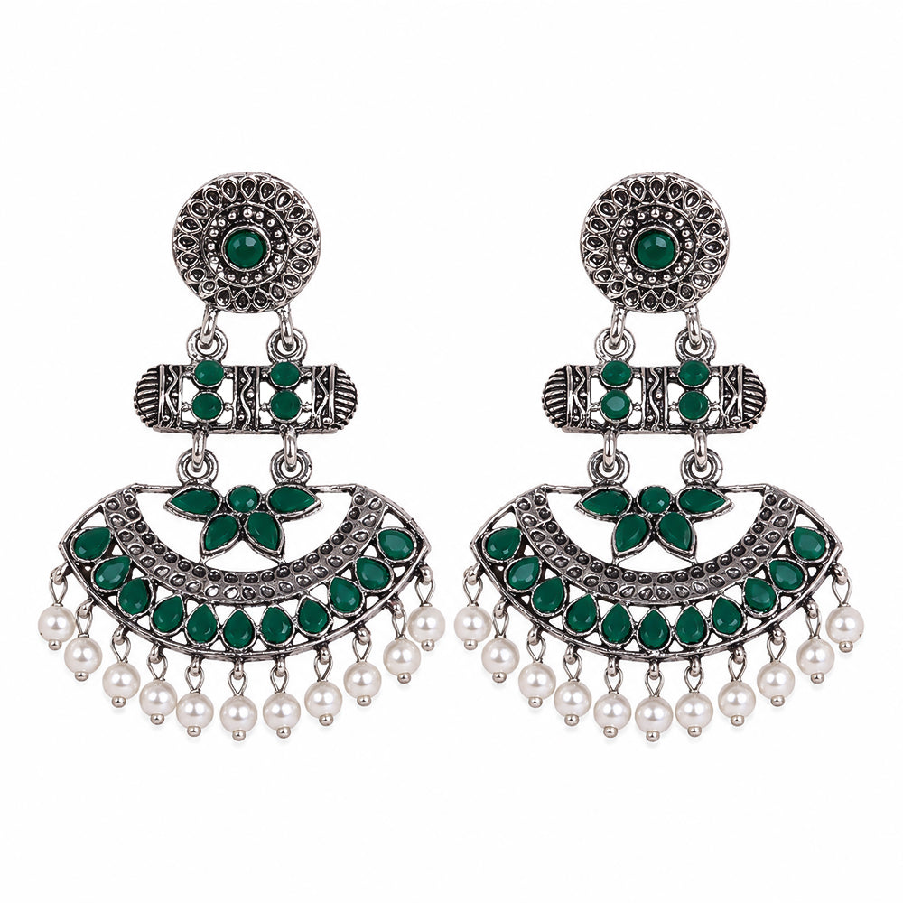 Pearl Cacade stone studded dangler earrings (Green)