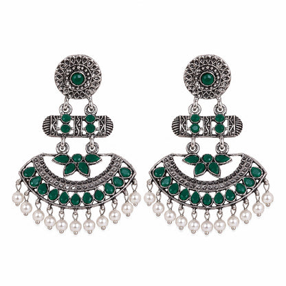 Pearl Cacade stone studded dangler earrings (Green)