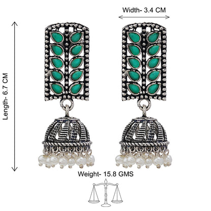 Regal leaffall stone studded jhumki earrings (Green)