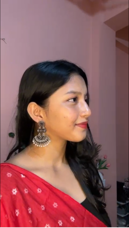 Pearl Cacade stone studded dangler earrings (Black)