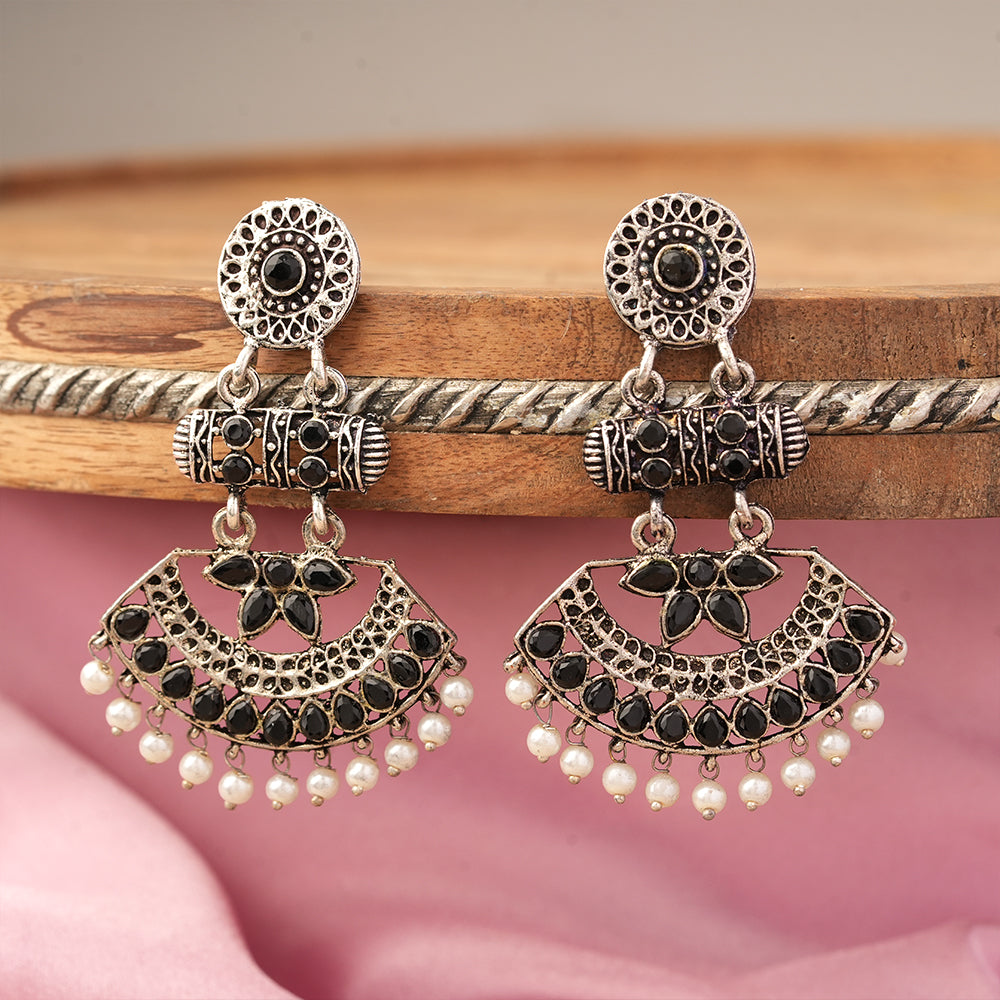 Pearl Cacade stone studded dangler earrings (Black)