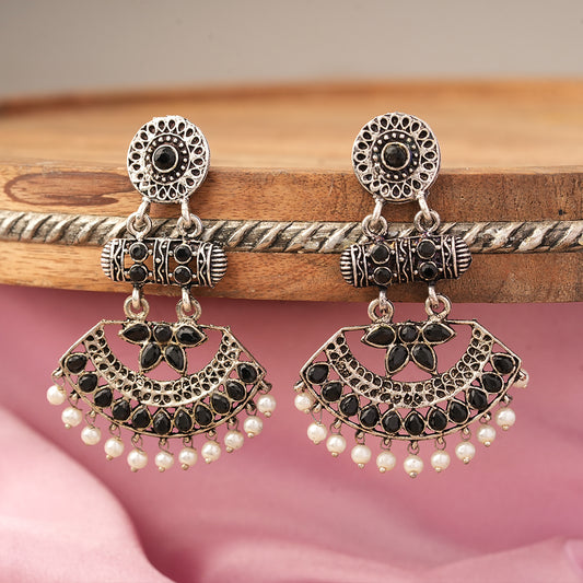 Pearl Cacade stone studded dangler earrings (Black)