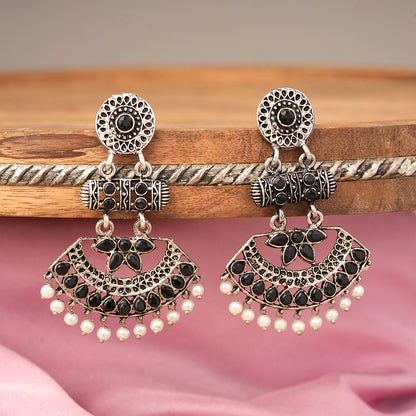 Pearl Cacade stone studded dangler earrings (Black)