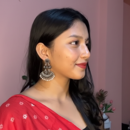 Pearl Cacade stone studded dangler earrings (Black)