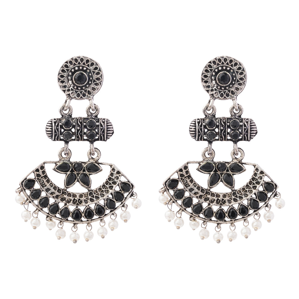 Pearl Cacade stone studded dangler earrings (Black)