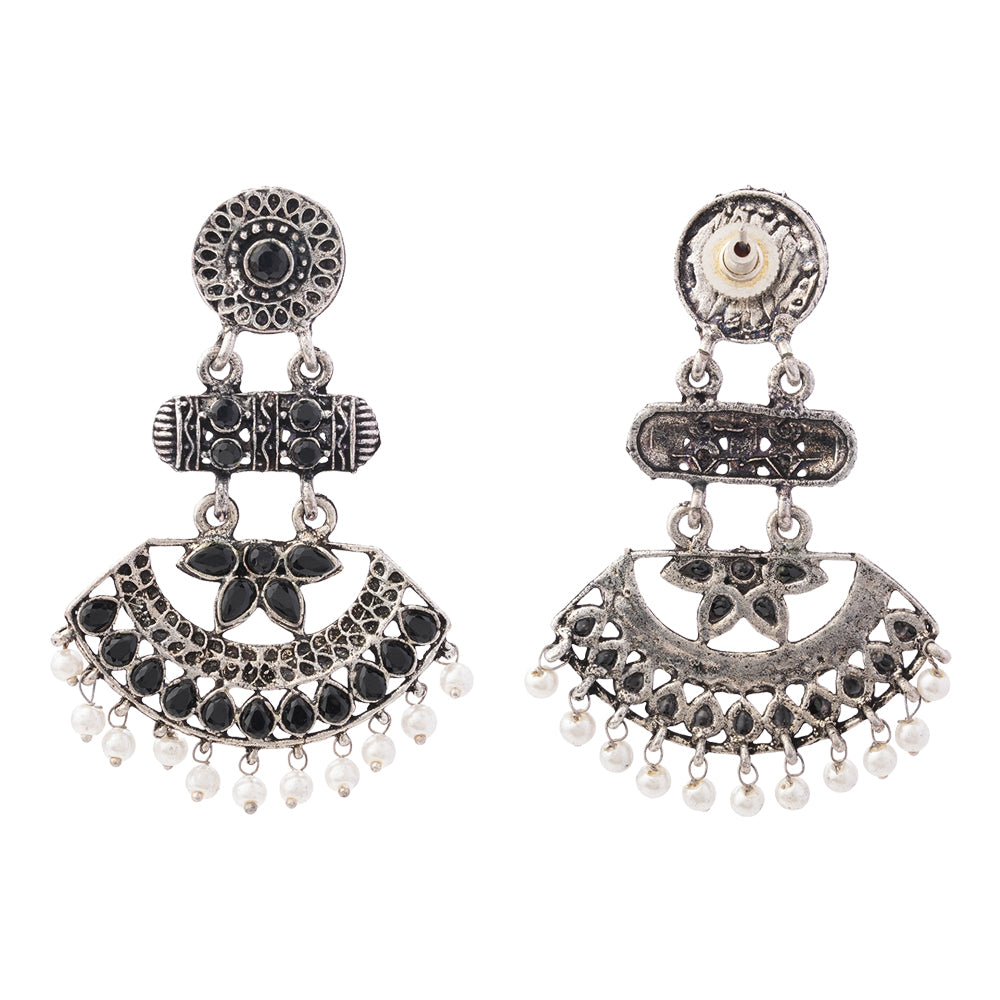 Pearl Cacade stone studded dangler earrings (Black)