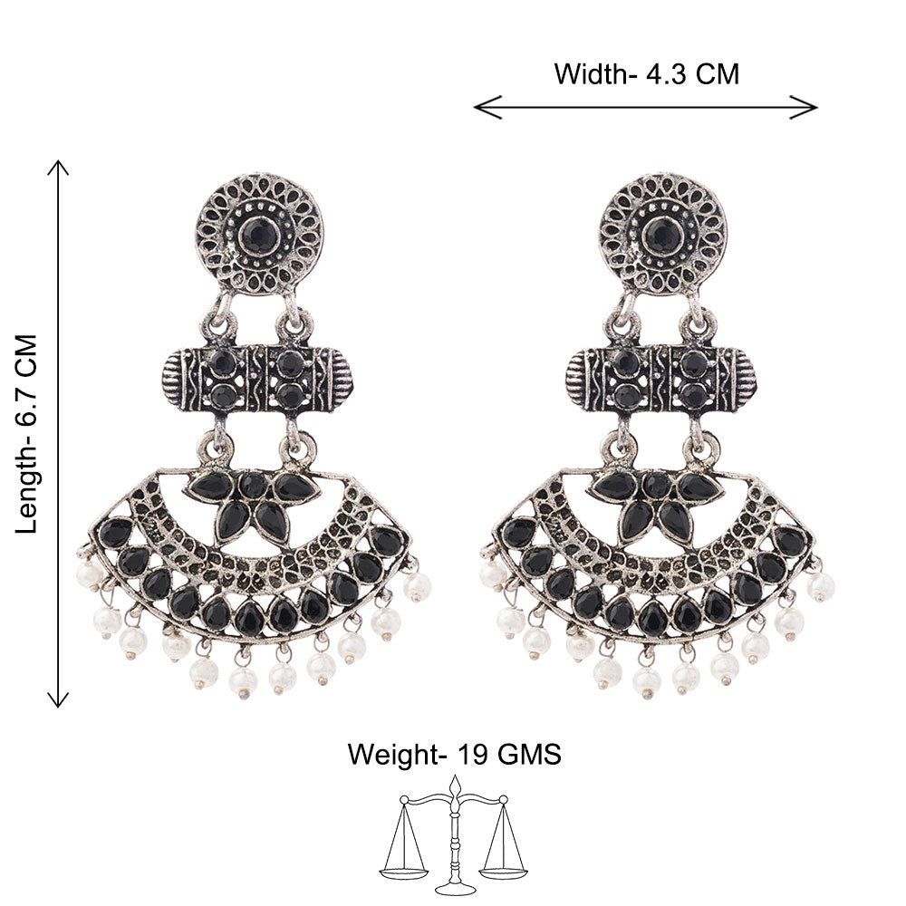 Pearl Cacade stone studded dangler earrings (Black)
