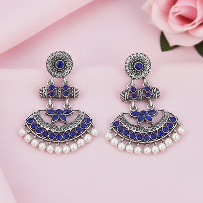 Pearl Cacade stone studded dangler earrings (Blue)