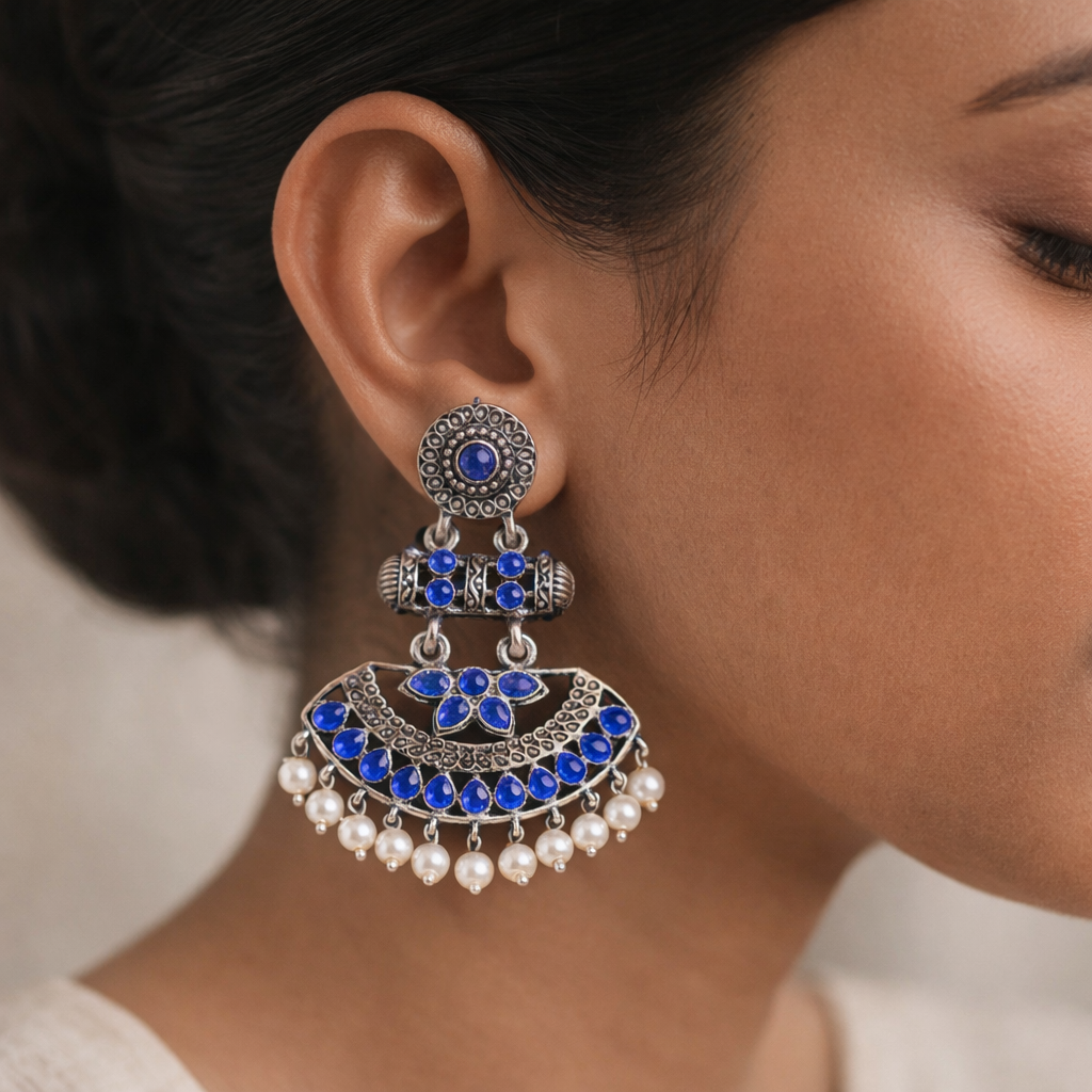 Pearl Cacade stone studded dangler earrings (Blue)