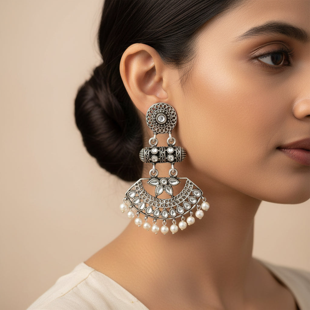 Pearl Cacade stone studded dangler earrings (White)