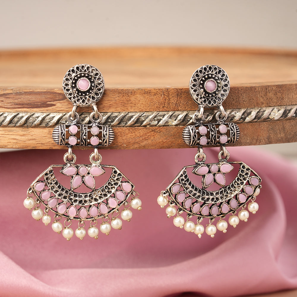 Pearl Cacade stone studded dangler earrings (Baby Pink)