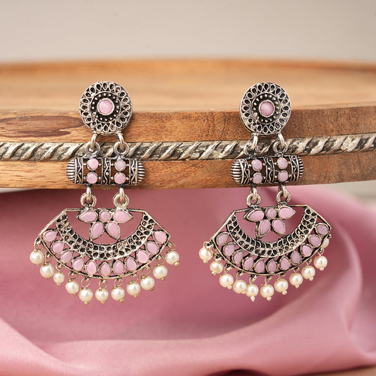 Pearl Cacade stone studded dangler earrings (Baby Pink)
