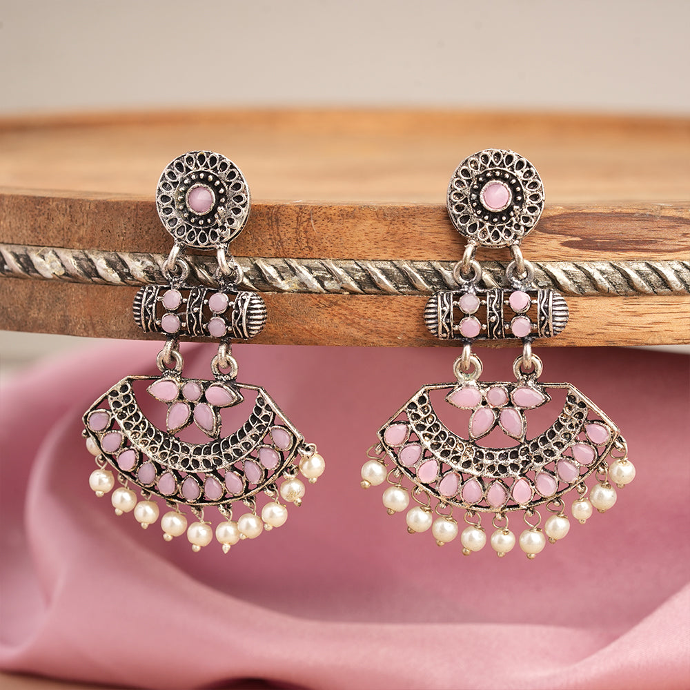 Pearl Cacade stone studded dangler earrings (Baby Pink)