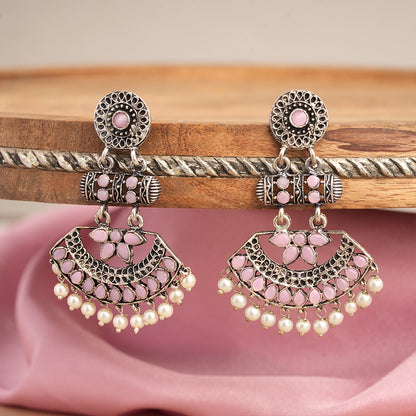 Pearl Cacade stone studded dangler earrings (Baby Pink)