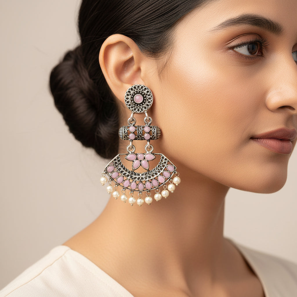 Pearl Cacade stone studded dangler earrings (Baby Pink)