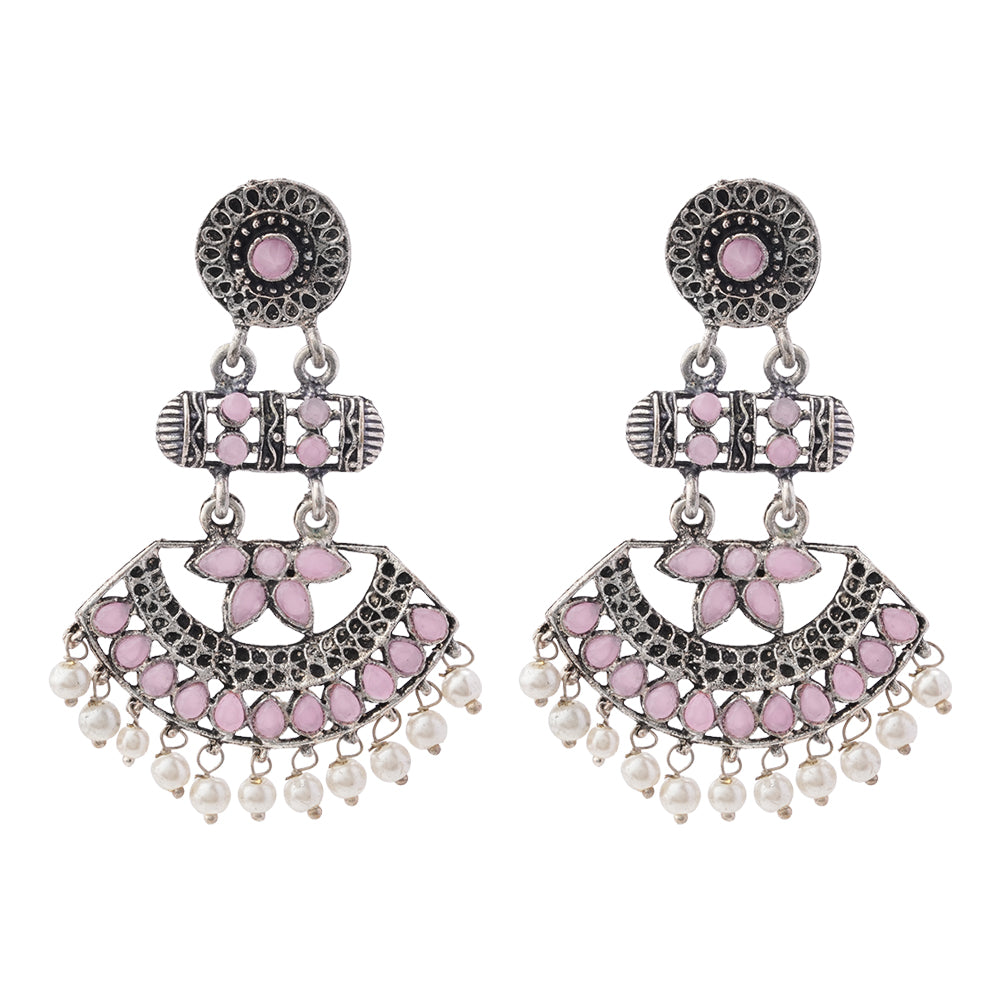 Pearl Cacade stone studded dangler earrings (Baby Pink)