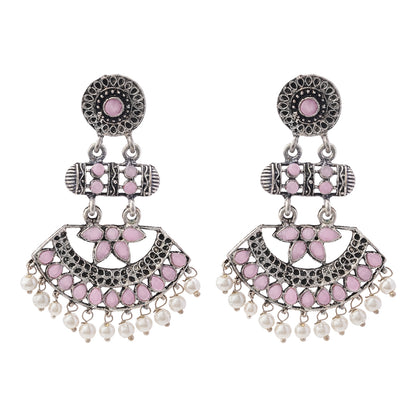 Pearl Cacade stone studded dangler earrings (Baby Pink)