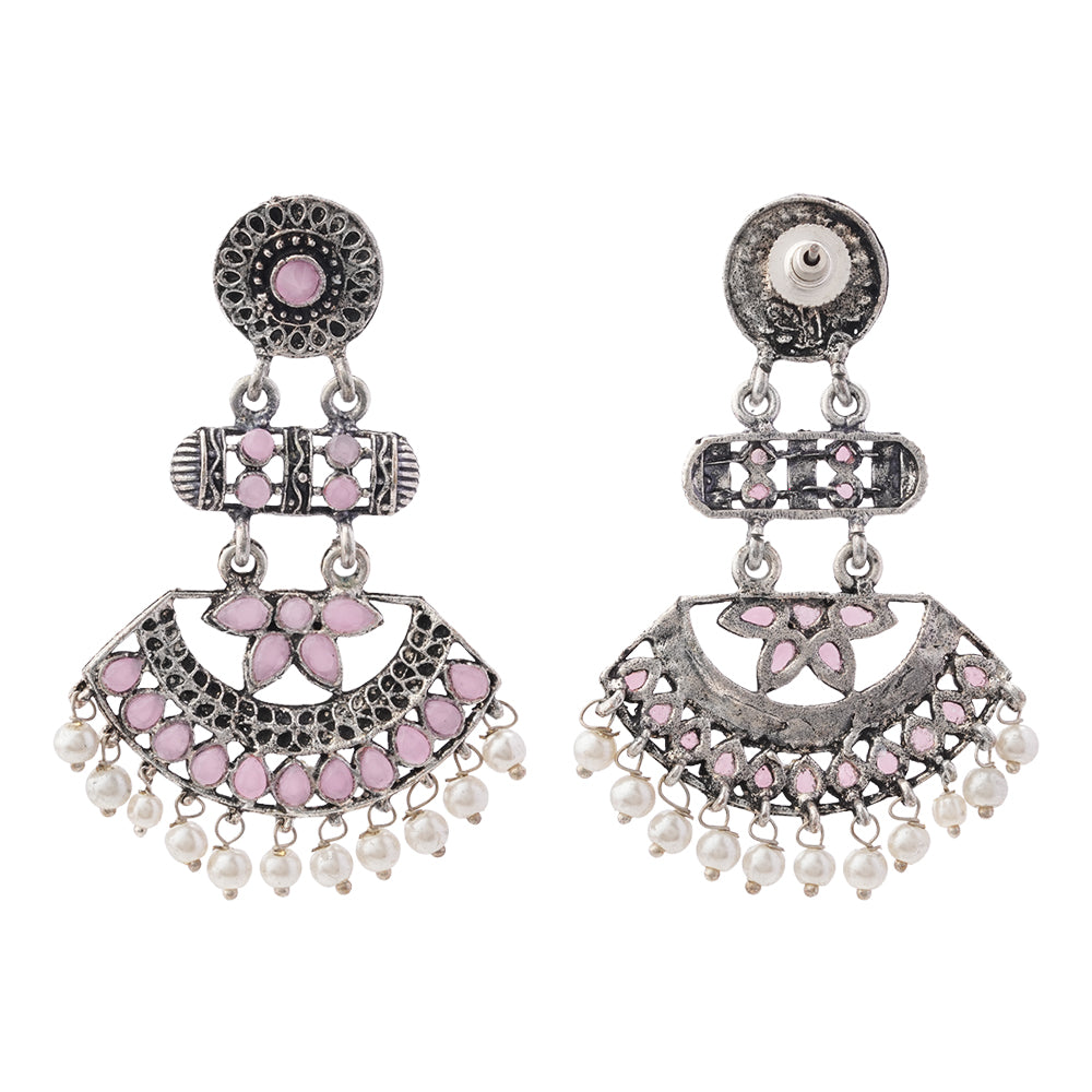 Pearl Cacade stone studded dangler earrings (Baby Pink)