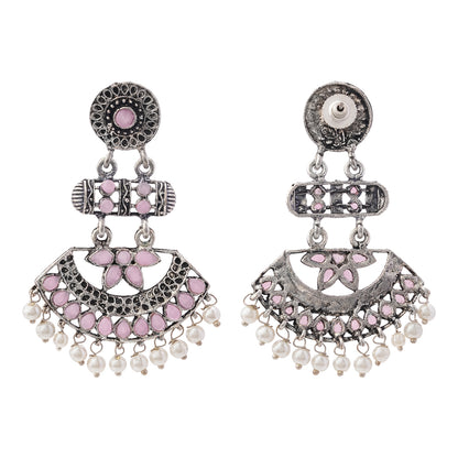 Pearl Cacade stone studded dangler earrings (Baby Pink)