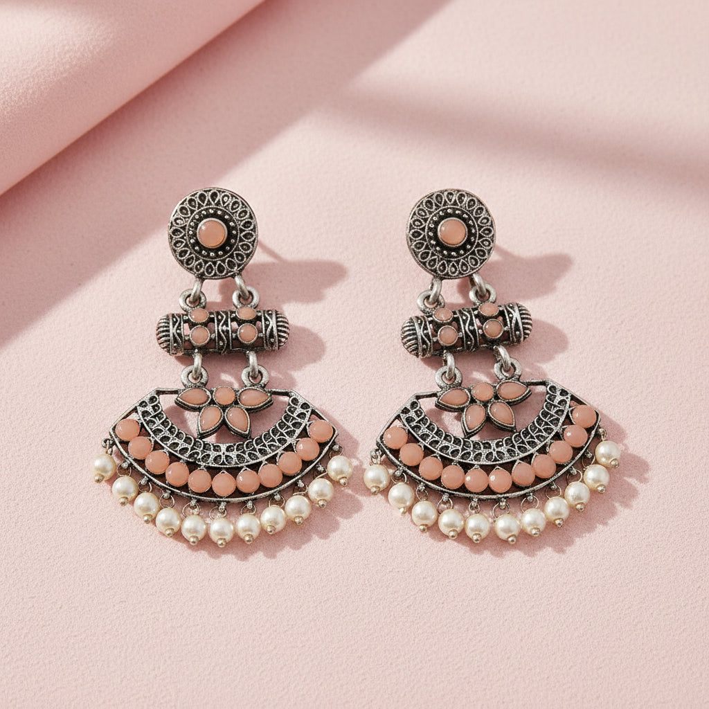 Pearl Cacade stone studded dangler earrings (Light Orange)