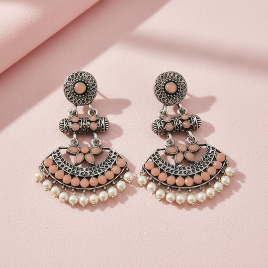Pearl Cacade stone studded dangler earrings (Light Orange)