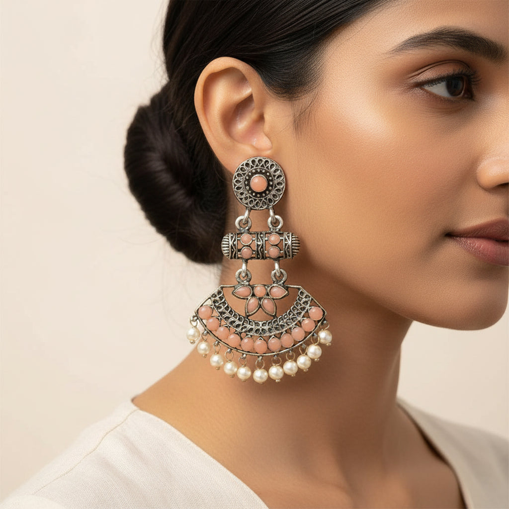 Pearl Cacade stone studded dangler earrings (Light Orange)