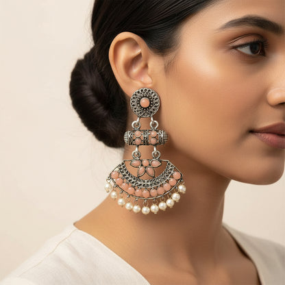 Pearl Cacade stone studded dangler earrings (Light Orange)