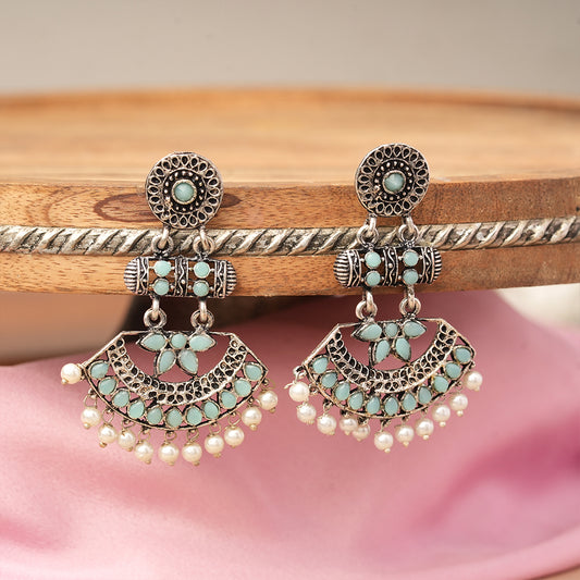 Pearl Cacade stone studded dangler earrings (Mint)