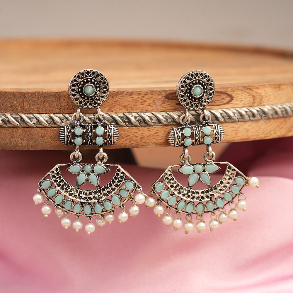 Pearl Cacade stone studded dangler earrings (Mint)