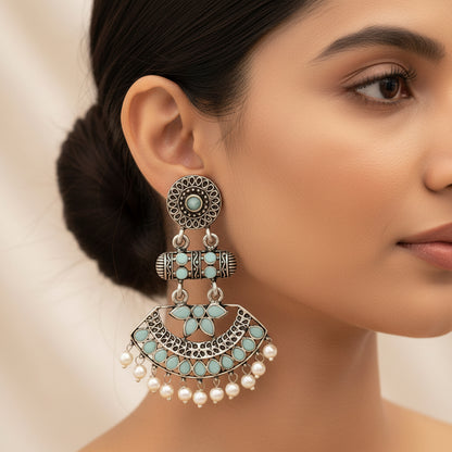 Pearl Cacade stone studded dangler earrings (Mint)