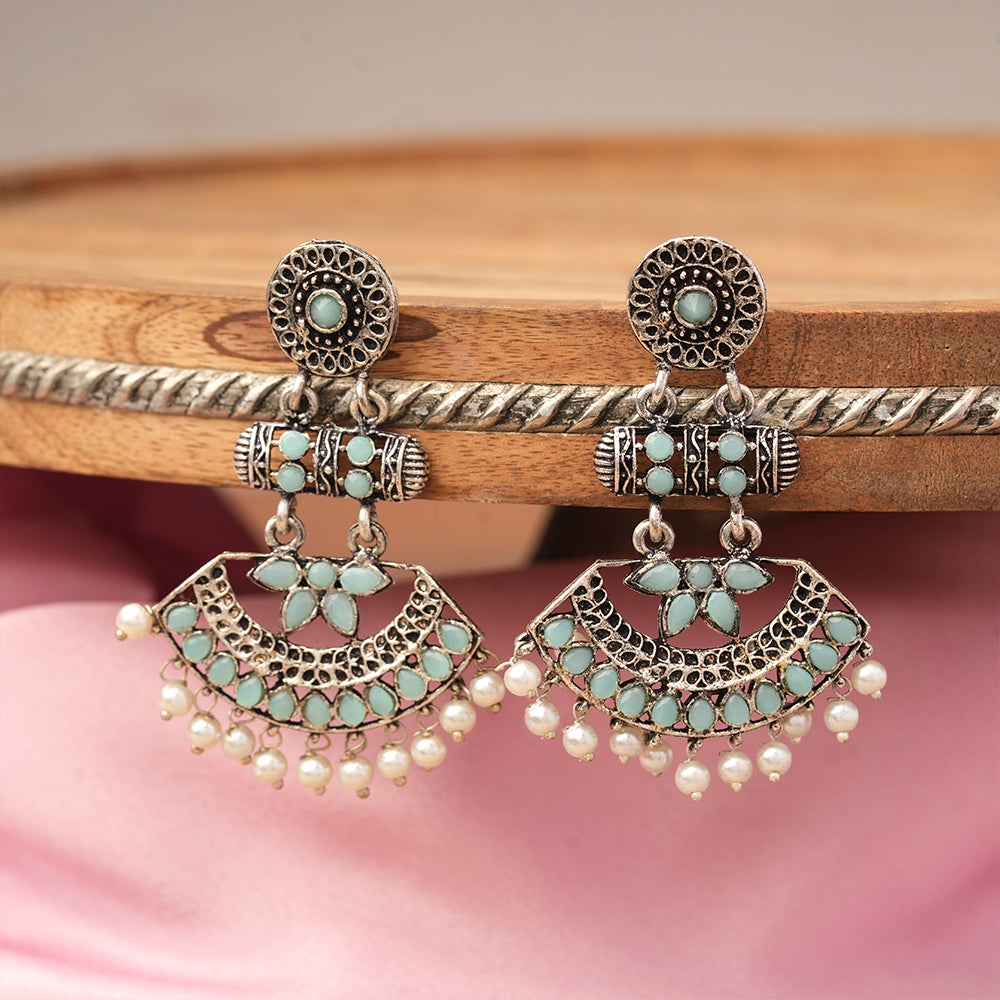 Pearl Cacade stone studded dangler earrings (Mint)