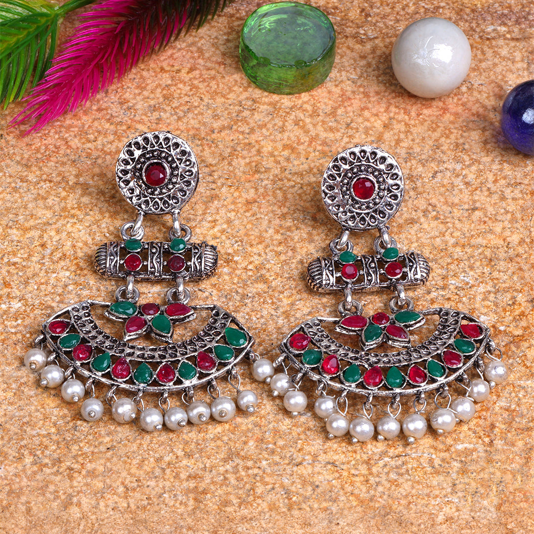 Pearl Cacade stone studded dangler earrings (Multicolored)