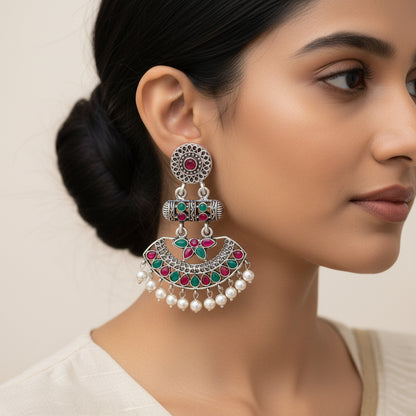 Pearl Cacade stone studded dangler earrings (Multicolored)