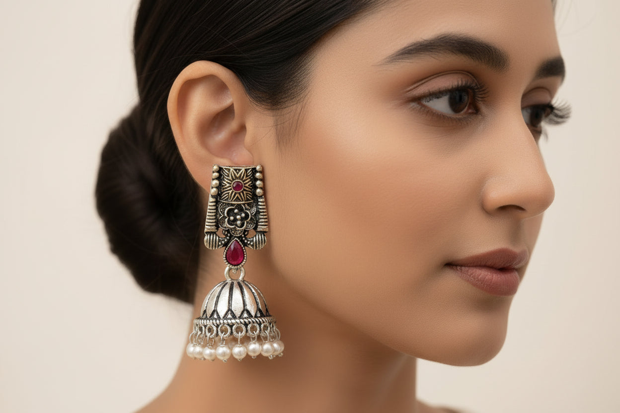 Temple bells jhumki earrings (Red)