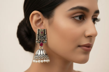 Temple bells jhumki earrings (Red)