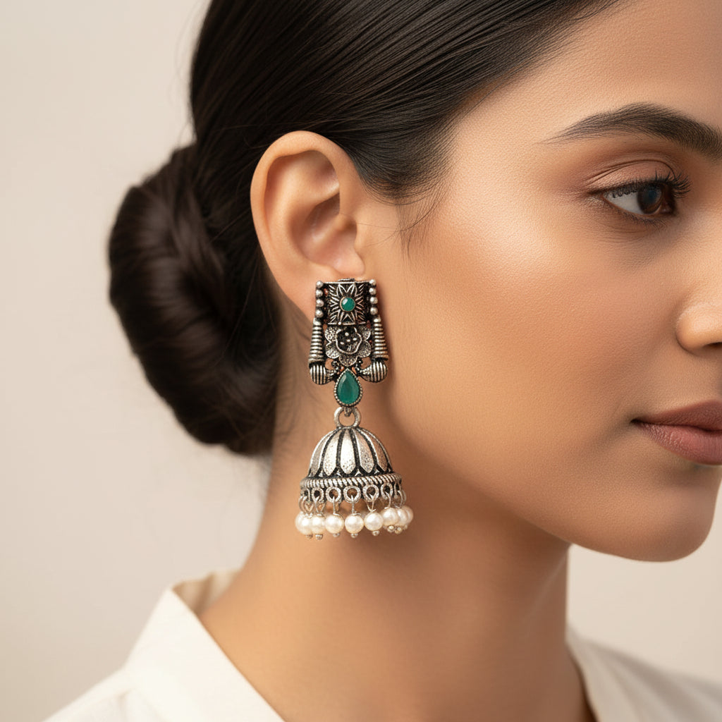 Temple bells jhumki earrings (Green)