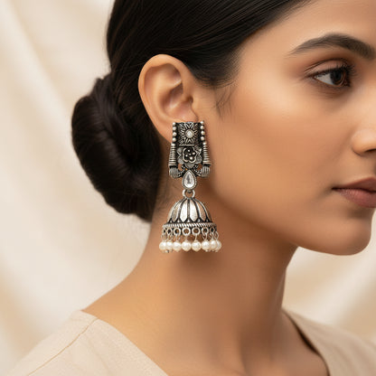 Wonderful wildflower oxidised stud earrings (Black)&Temple bells jhumki earrings (White) Combo set