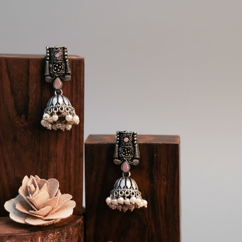Temple bells jhumki earrings (Baby Pink)