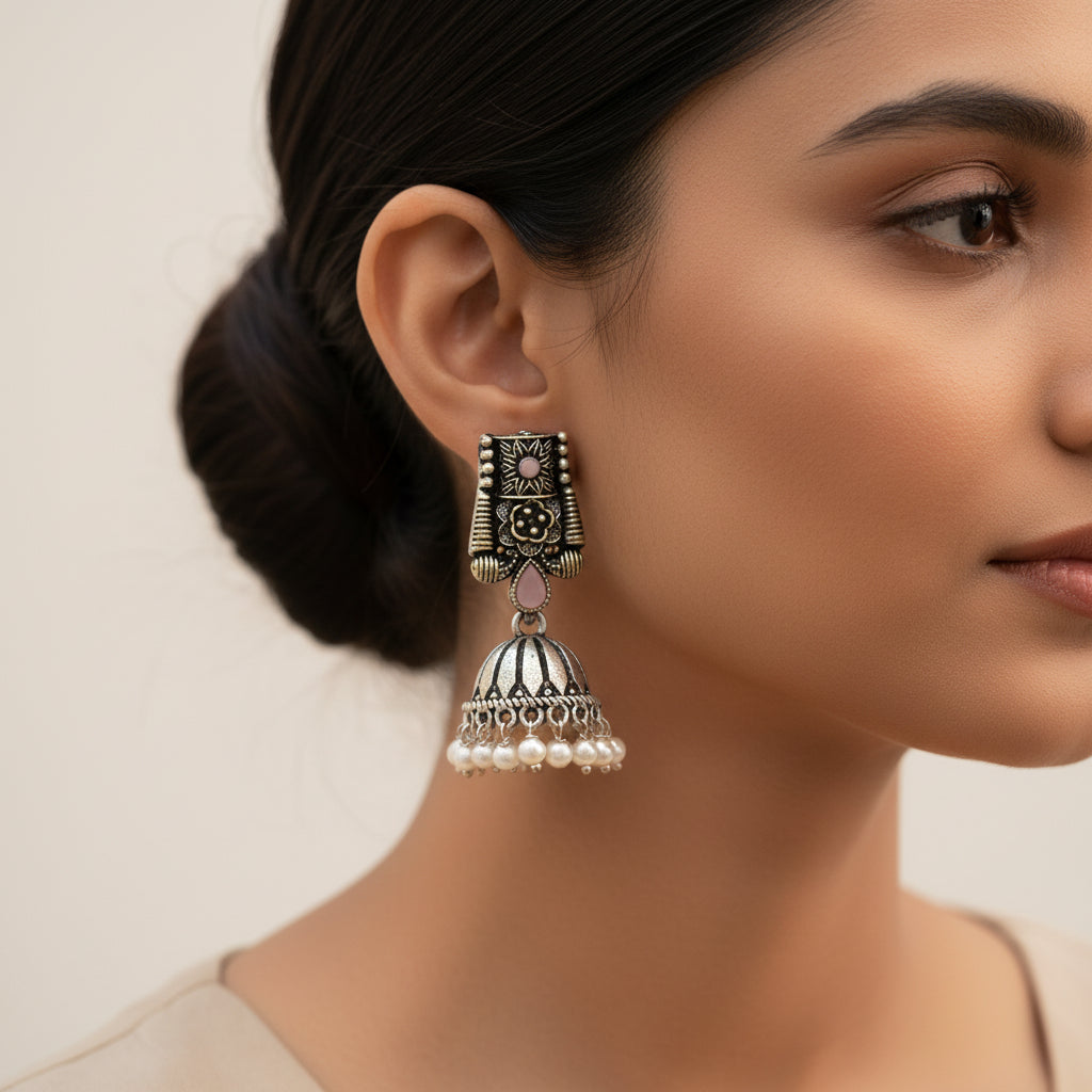 Temple bells jhumki earrings (Baby Pink)