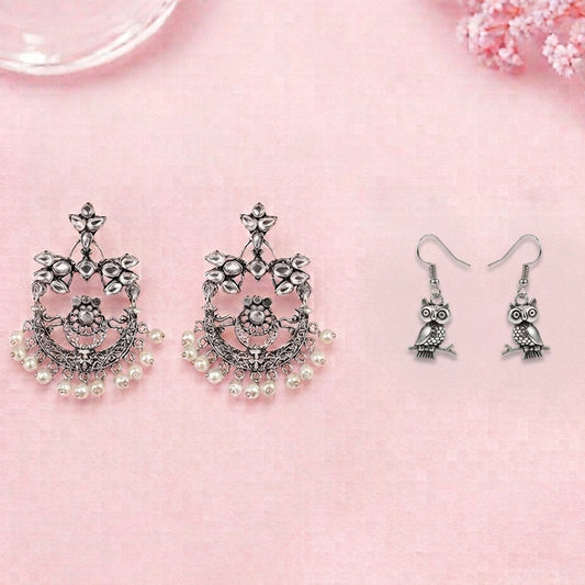 Carved Charm Dangler earrings (White) Wise Wink dangler earrings (Silver) Combo set
