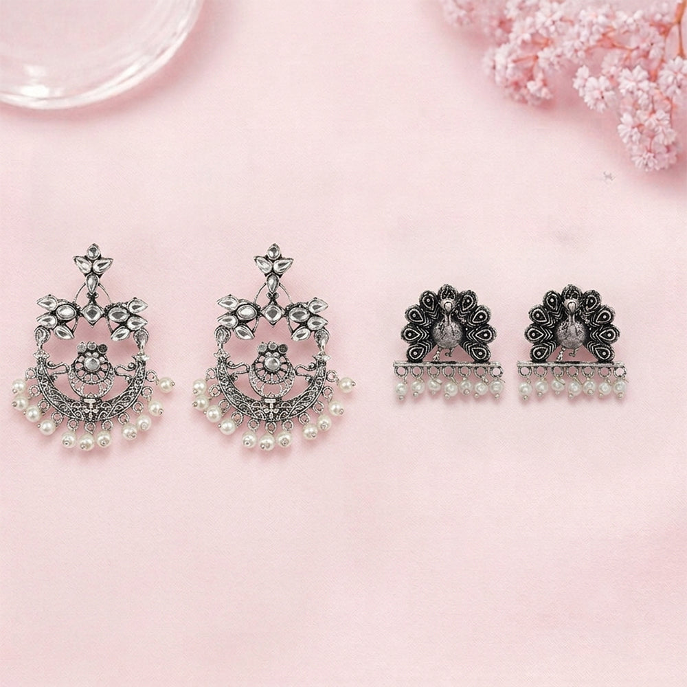Carved Charm Dangler earrings (White) Meena Manjari stone stud earrings (Silver) Combo set