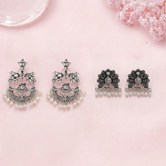 Carved Charm Dangler earrings (White) Meena Manjari stone stud earrings (Silver) Combo set
