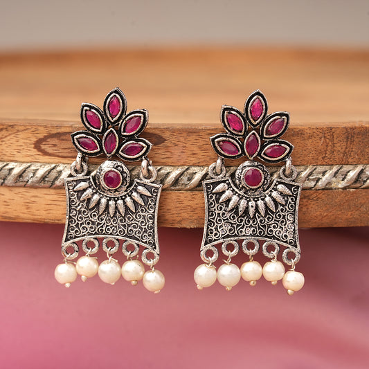 Flora-Aura stone studded dangler earrings (Red)