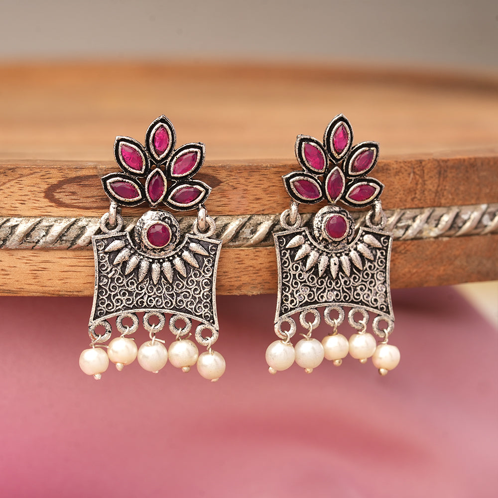 Flora-Aura stone studded dangler earrings (Red)