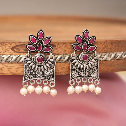 Flora-Aura stone studded dangler earrings (Red)