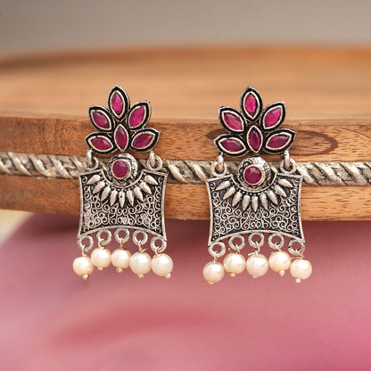 Flora-Aura stone studded dangler earrings (Red)