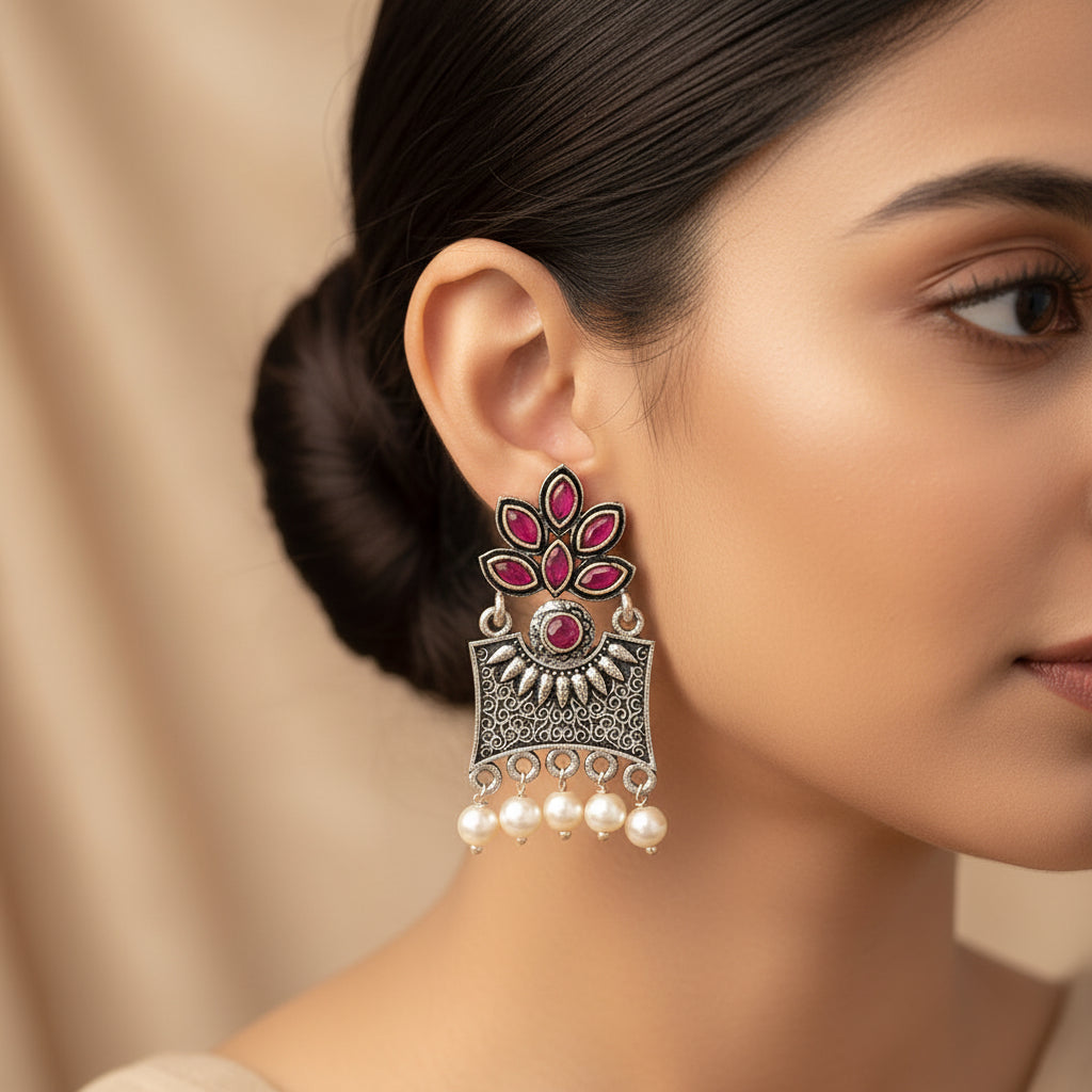 Flora-Aura stone studded dangler earrings (Red)