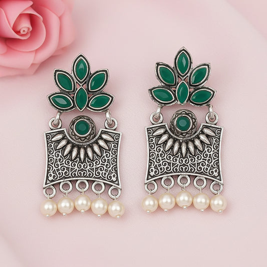 Flora-Aura stone studded dangler earrings (Green)