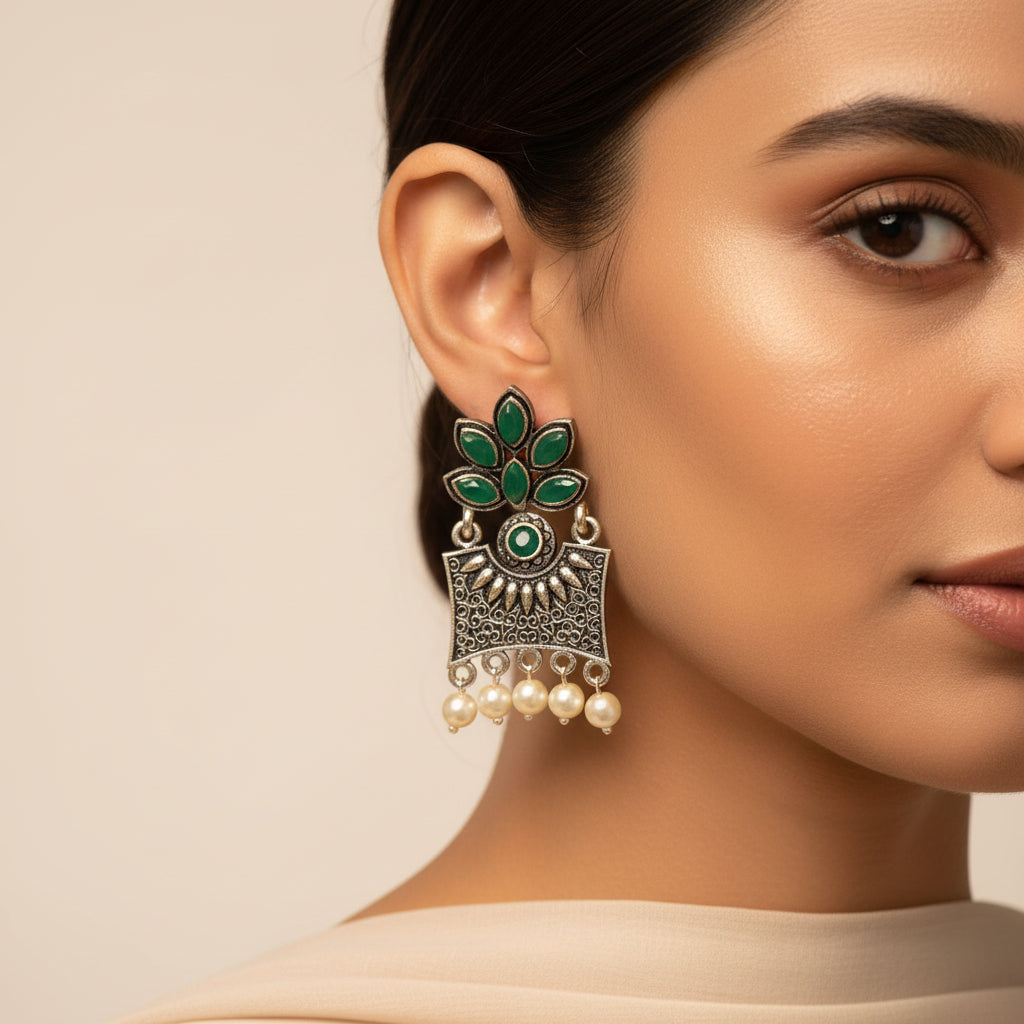 Flora-Aura stone studded dangler earrings (Green)